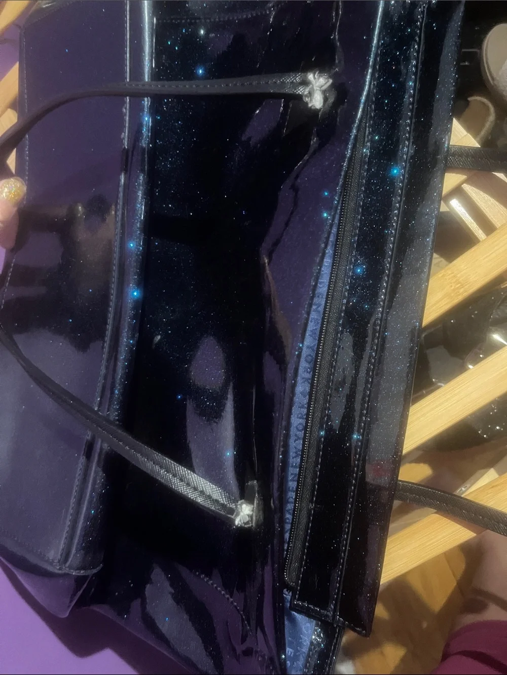 kate spade Sparkly Blue Galaxy Tote with Black bow and strap